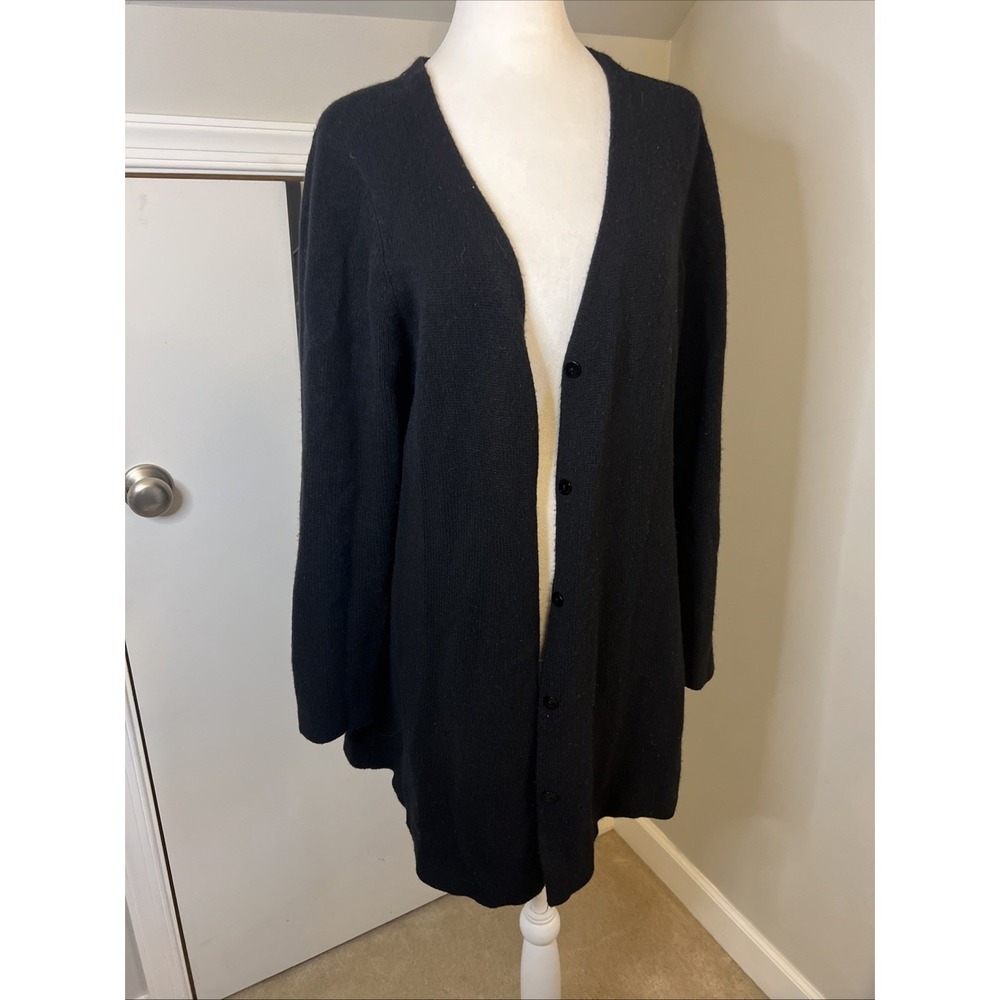 Eileen Fisher Black Merino Wool Cashmere Long Cardigan Sweater Large RN78121